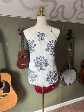 White Halter Tank Top with Purple Floral Print